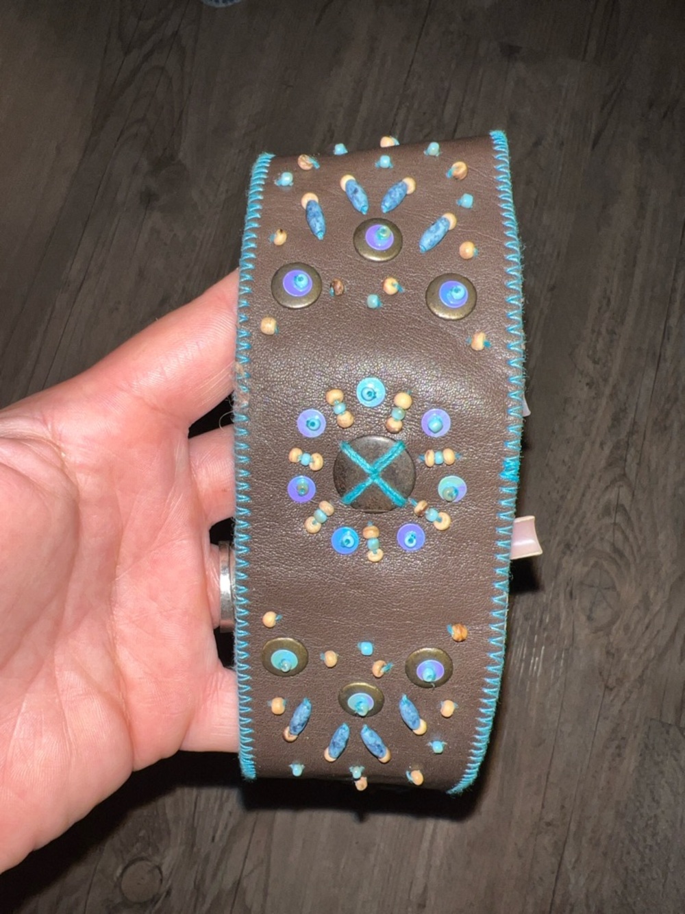 J. Jill Brown Leather Belt with Turquoise Stitching and Blue Accents